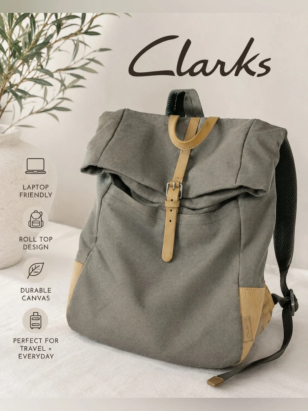 Clarks Gray Canvas Roll Top Backpack Laptop Travel Daypack Faux Leather Trim